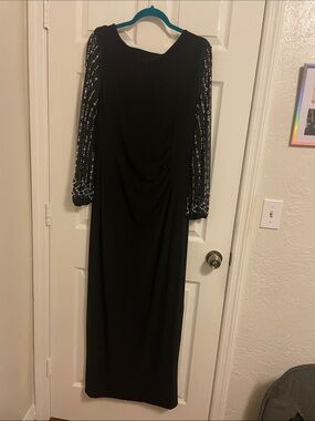 MARINA Black Long-Sleeve Sequin-Sleeve Evening Gown